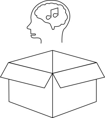 Beynin içinde müzik notası olan bir kafayı tasvir eden bir çizgi, açık bir kutunun üzerine yerleştirilmiş, sınırların ötesindeki yaratıcı düşünceyi sembolize ediyor..
