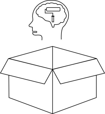 Kavramsal bir illüstrasyon, içinde boya silindiri olan bir kafayı, açık bir kutunun üstünde, kutunun dışında düşünmeyi temsil eden.
