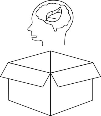 Bir çizgi, açık bir kutunun üzerine yerleştirilmiş, yenilikçi ve çevresel bilinci sembolize eden yaprak içeren bir beyni olan bir kafa tasvir eder..