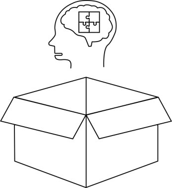 İçinde yapboz parçaları olan bir kafayı gösteren kavramsal bir çizim, kutunun dışındaki düşünceyi sembolize ediyor, açık bir kutunun üstündeki..