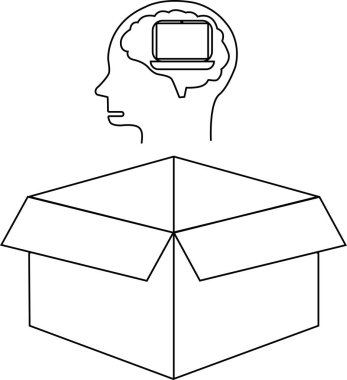 İçinde dizüstü bilgisayarı olan bir kafayı, açık bir kutunun üstünde gösteren kavramsal bir çizim, kutunun dışını teknolojiyle temsil ediyor..