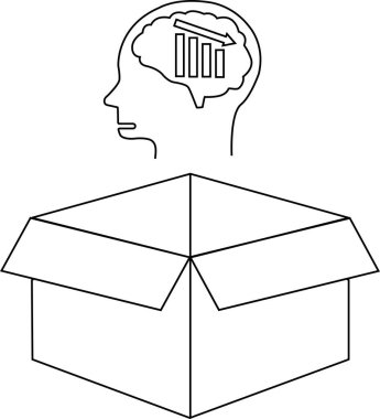 Bir çizgi, içinde grafik olan bir kafayı gösterir, açık bir kutunun üzerine yerleştirilir, kutunun dışında düşünmek veya zihinsel süreçler gibi kavramları sembolize eder..