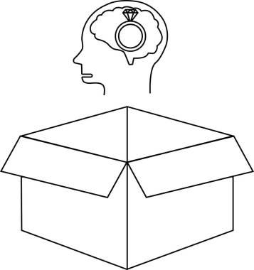 Yaratıcı bir illüstrasyon açık bir kutunun üzerinde beyni olan bir kafa gösteriyor. Yenilikçi evlilik teklifini sembolize ediyor..