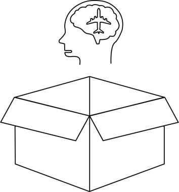 Kavramsal bir görüntü, kafasında bir uçak olan bir kafanın açık bir kutunun üstünde seyahat etmeyi düşündüğünü gösteriyor..