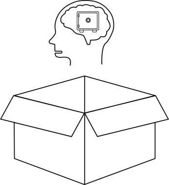 Kutunun dışındaki düşünceleri tasvir eden kavramsal bir illüstrasyon, açık bir kutunun üzerinde kasası olan bir beyin..