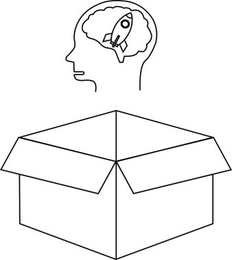 Açık bir kutunun üstündeki bir zihnin içinde, geleneksel sınırların ötesindeki yenilikçi ve yaratıcı düşünceyi sembolize eden bir roket tasviri..