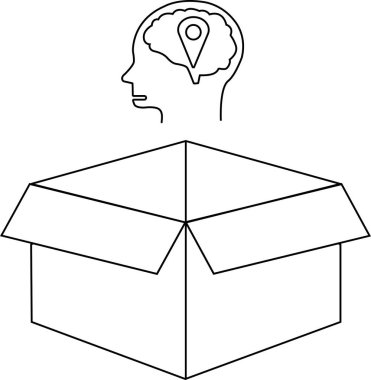 İçinde lokasyon iğnesi olan bir beynin kavramsal çizimi, açık bir kutunun üzerinde, yenilikçi düşünme ve problem çözmeyi sembolize ediyor..
