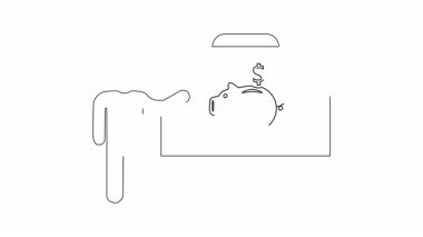 Tasarruf ve yatırım stratejileri üzerine bir sunum, beyaz tahtada bir domuz kumbarası ve dolar para sunan biriyle görsel olarak temsil ediliyor..