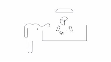 Bir iş sunumunun basit bir çizgi çizimi, bir pasta grafiği ve tokalaşma ile işbirliği ve büyüme stratejisini vurguluyor.