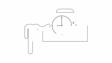 Saat ve ayı gösteren bir görsel yardım sunan bir kişi, muhtemelen zamanı ya da uyku kavramlarını açıklar. Basit çizgi çizim biçimi.