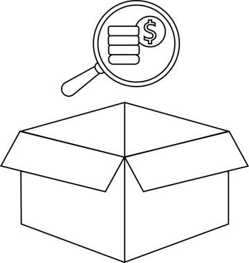 Para sembolünü gösteren bir büyüteçle açık bir kutunun basit bir siyah beyaz çizimi, finansal analiz veya değer keşfi öneriyor..