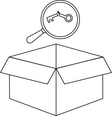Bir büyüteç açık bir kutunun üstündeki kırık bir anahtara odaklanır, basit siyah beyaz bir ana hatla sunulur.