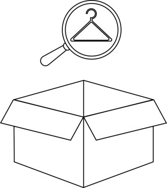 Üzerinde büyüteç olan bir kutunun basit bir çizimi kıyafet aramasını ve online alışverişi sembolize ediyor..