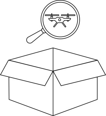 Açık bir kutunun üstündeki büyüteçteki dronu gösteren bir çizgi çizimi teftişi veya teslimatı sembolize ediyor..