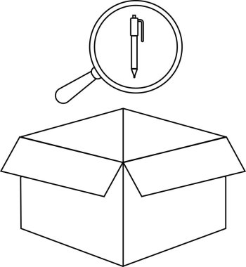 Üzerinde büyüteç asılı duran açık bir kutunun siyah beyaz çizimi, lensin içindeki bir kaleme odaklanıyor..