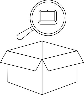 Üzerinde dizüstü bilgisayar simgesi olan bir büyüteç açık bir kutunun üzerinde geziniyor. Teknoloji arama ve keşfini simgeliyor. Basit özet tasarımı.
