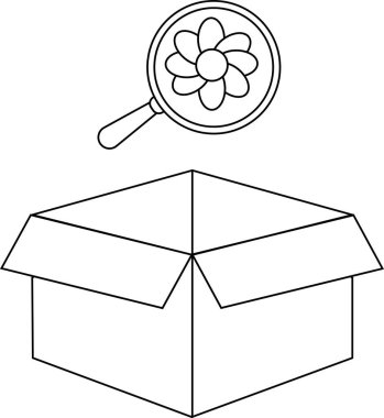 Açık bir kutunun üzerinde asılı duran büyüteçin basit bir siyah beyaz çizimi, yaratıcı projeler ve tasarımlar için mükemmel..