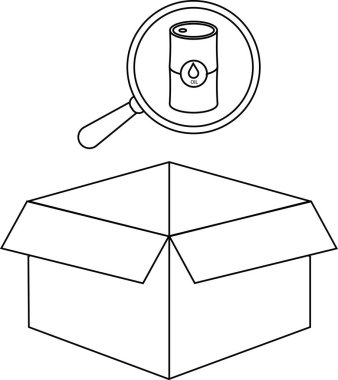 Açık bir karton kutunun üstündeki yağ varili simgesini inceleyen bir büyüteç, teftişi, nakliyatı veya depoyu simgeliyor..