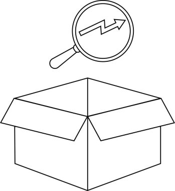 Büyüteçle açık bir kutunun çizgi çizimi yukarı doğru bir eğilim çizgisi gösteriyor, büyümeyi ve analizi sembolize ediyor..