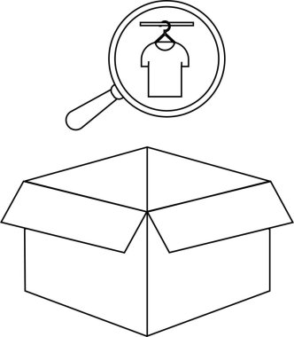 Üzerinde büyüteç olan açık bir karton kutunun çizgi çizimi, bir tişört simgesine odaklanmış,.