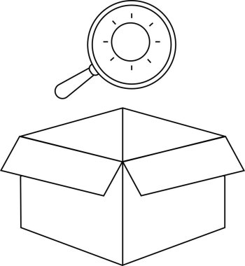 Üzerinde büyüteç olan açık bir kutunun basit bir çizimi soruşturma ya da keşif önerisi sunuyor..