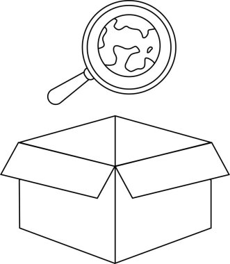 Üzerinde bir büyüteç olan açık bir kutunun siyah beyaz çizimi..