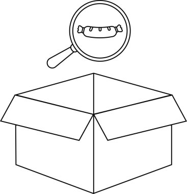 Büyüteçle incelenen bir kutunun içindeki sosisin çizgi çizimi..