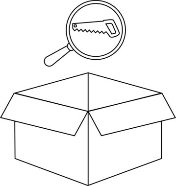 Açık bir karton kutunun üstündeki büyüteçin içindeki siyah ve beyaz bir çizgi, teftiş veya aletleri öneriyor..