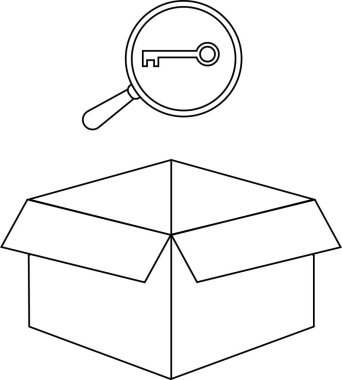 Üzerinde bir büyüteç olan açık bir kutunun basit bir siyah beyaz çizimi, bir anahtar arıyor..