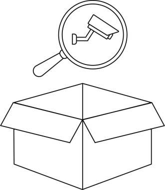 Güvenlik kamerasının ana hatları inceleniyor. Kutunun üstünde büyüteç var. Gözetleme ve paket izleme simgesi..