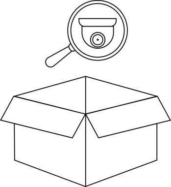 Bir büyüteçteki güvenlik kamerası açık bir karton kutunun üzerinde asılı duruyor, basit çizgilerle resmedilmiş..