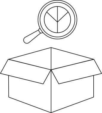 Açık bir karton kutunun üzerinde büyüteç asılı duruyor. Analizi, teftişi ya da kutunun içeriğini sembolize ediyor. Basit çizgi çizimi.