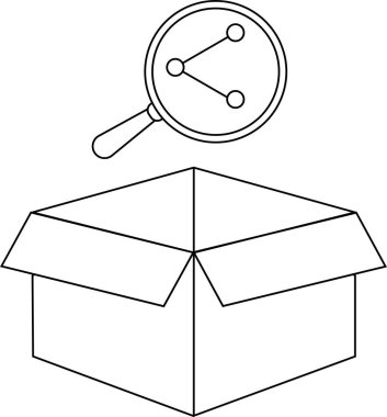 Açık bir karton kutunun üzerinde asılı duran bir büyüteç içerideki ağ sembolünü, gizli bağlantıların keşfi ve keşfi sembolize ediyor..