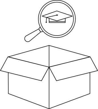 Mezuniyet şapkası içeren sembolik bir illüstrasyon açık bir kutunun üzerindeki büyüteç ile eğitimin keşfini temsil ediyor..