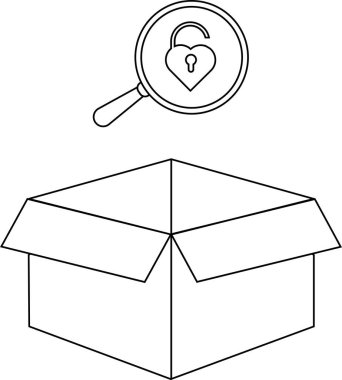 Kalp şeklindeki kilidi gösteren büyüteçle açık bir kutunun sembolik bir çizimi. Keşfi ve gizli duygu veya sırları açığa çıkarıyor..