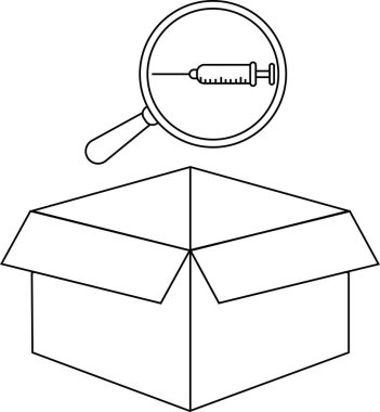 Aşı araştırmasının kavramsal çizimi, açık bir kutunun üzerine yerleştirilmiş bir büyüteç altında şırınga bulunması, keşif ve dağıtımı simgeliyor..