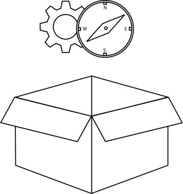 Üzerinde pusula ve dişli simgesi olan açık bir kutunun çizgi çizimi, keşif veya problem çözme önerisi.