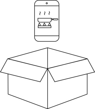 Açık bir karton kutunun üstündeki bir telefonda gösterilen yemek pişirme uygulamasının basit bir çizgisi çizimi.