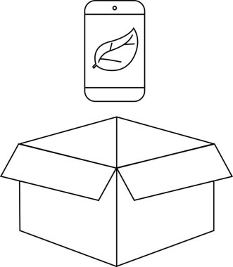 Açık bir karton kutunun üzerinde yaprak simgesi olan akıllı bir telefonu gösteren minimalist bir çizgi çizimi, çevre dostu paketlemeyi ve sürdürülebilir teknoloji dağıtımını sembolize ediyor..