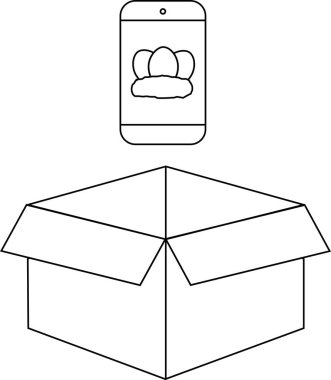 Açık bir karton kutunun üzerinde yumurta ikonunu gösteren bir akıllı telefon çizimi yumurta teslimatını işaret ediyor..