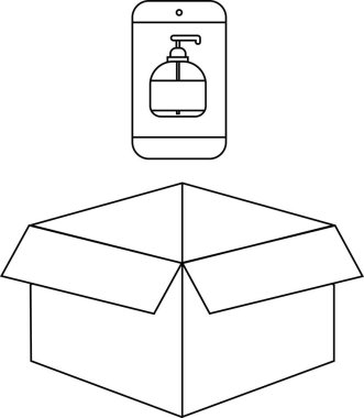 Açık bir kutunun üzerinde sergilenen el dezenfektanı uygulaması, hijyen ürünlerinin çevrimiçi olarak alınmasını veya dağıtılmasını öneriyor..