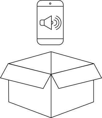 Açık bir karton kutunun üzerinde ses simgesi olan basit bir telefon çizimi.