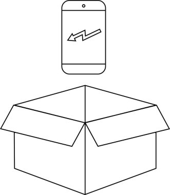 Açık bir karton kutunun üzerinde yıldırım simgesi olan akıllı bir telefonun basit bir çizimi, teknoloji ve teslimat.
