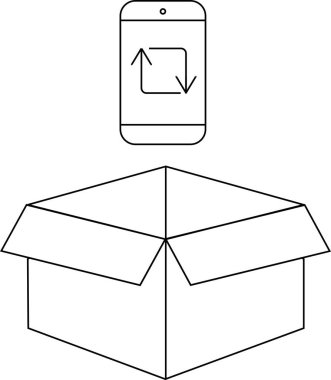 Bir akıllı telefon açık bir karton kutunun üzerinde asılı durur, teknolojiyi, ambalajı, teslimatı veya nakledilen dijital ürünü sembolize eder..