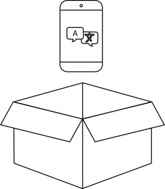 Çevirisi olan bir akıllı telefon açık bir karton kutunun üzerinde asılı durur, teknolojiyi, teslimatı ve küresel iletişimi sembolize eder.