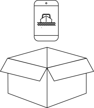 Açık bir karton kutunun üzerine yerleştirilmiş bir tekne simgesini gösteren akıllı telefonun basit bir çizimi, nakliye ya da teslimat önerisi.