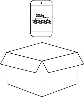 Bir yolcu gemisi simgesini gösteren bir akıllı telefon açık bir karton kutunun üzerinde, seyahat planlama veya teslimat önerir.