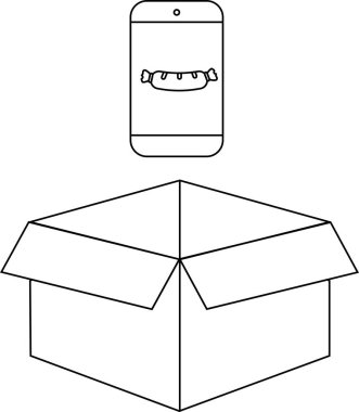 Açık bir karton kutunun üzerinde sosisli ikonu olan akıllı bir telefon teslimat ya da yemek siparişi verilmesini öneriyor..