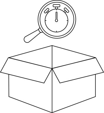 Üzerinde kronometre olan açık bir kutunun siyah beyaz çizimi zamana duyarlı teslimatı ve aciliyeti simgeliyor..