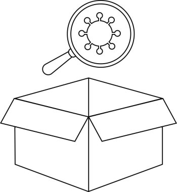 Üzerinde bir büyüteç altında virüs olan açık bir kutunun çizgi çizimi..